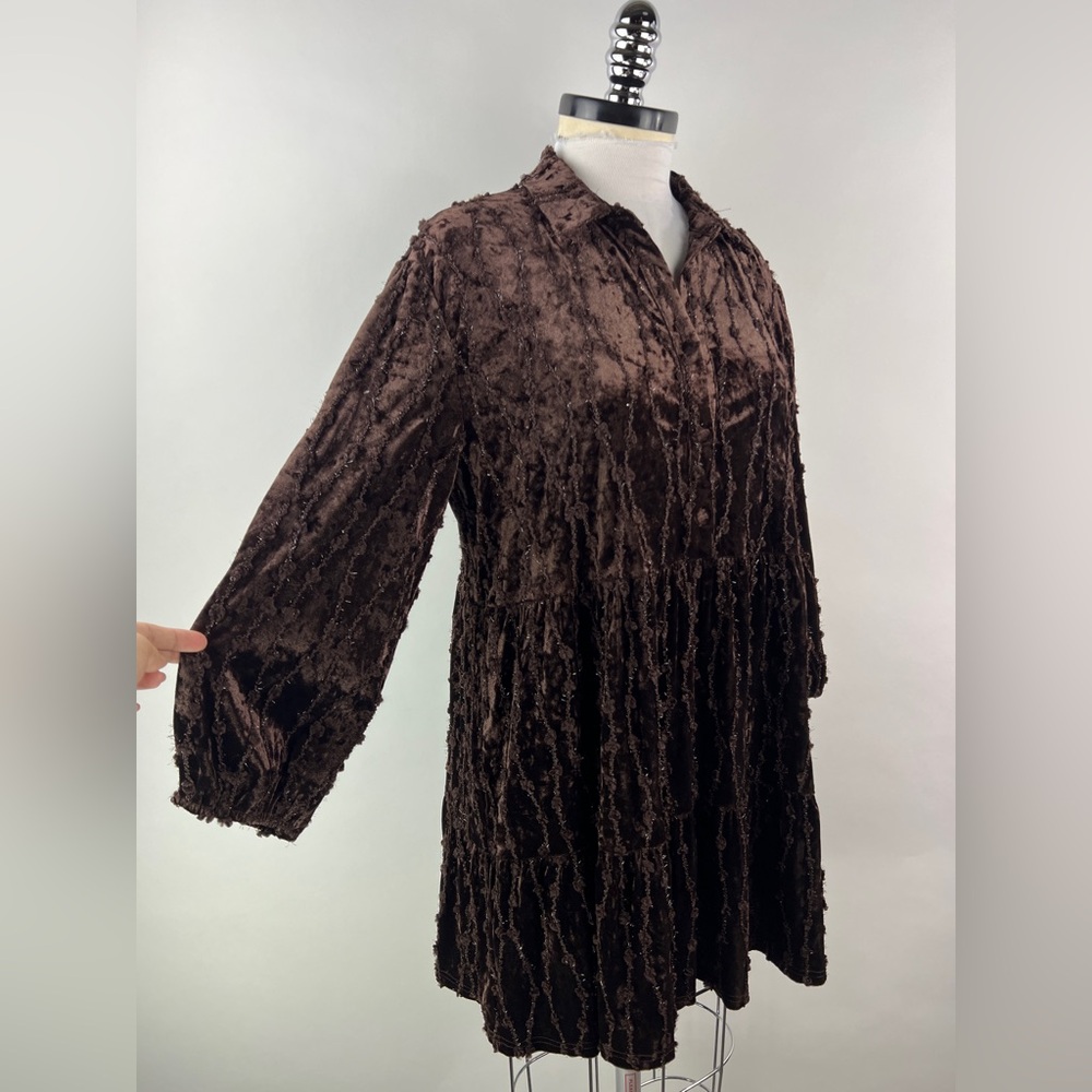 💚 3219. Brown Velvet Long Sleeve Mini Dress